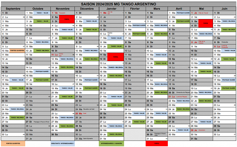 Calendrier prévisionnel des cours au 1ier semestre.